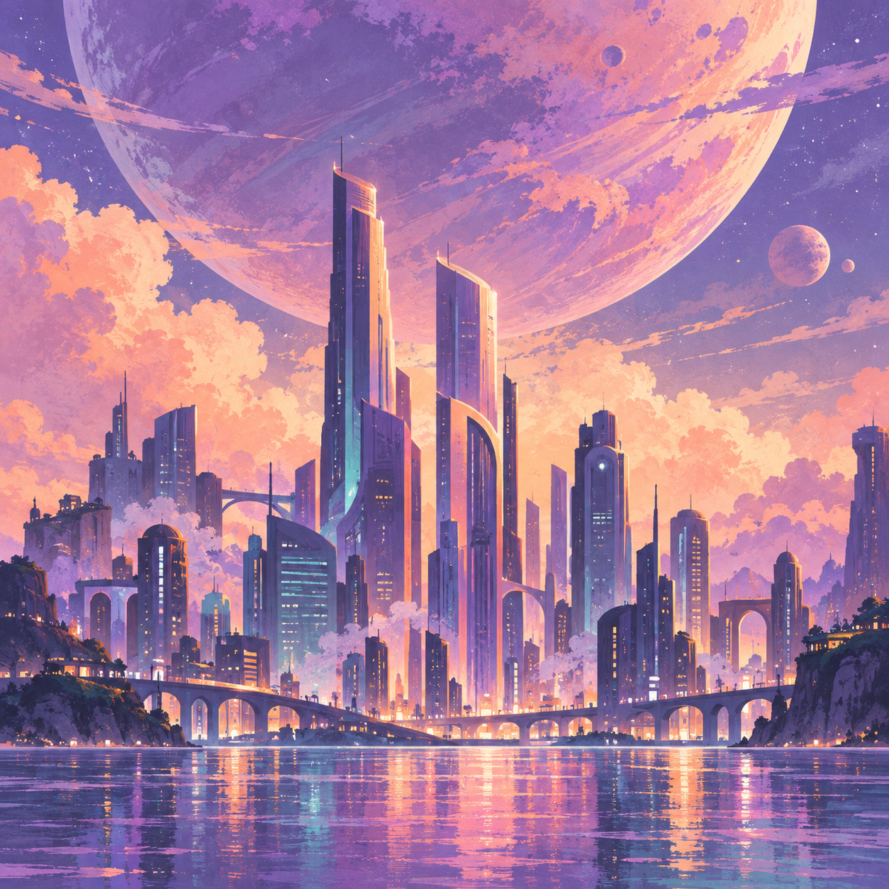 Concept artwork of a distant city beneath an enormous ringed planet